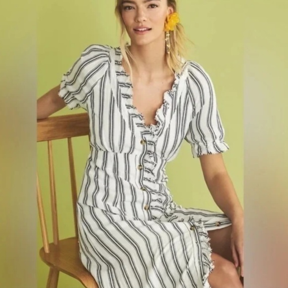 ANTHROPOLOGIE Blue Pilcro Ruffle-Collar Buttondown Dress
